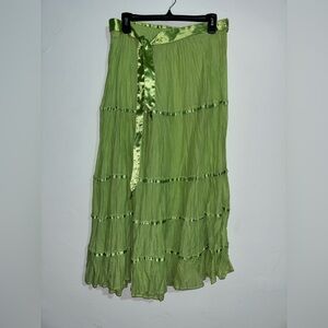 White Stag Green Tiered Midi Skirt Size L 12/14 Tie Waist Cotton